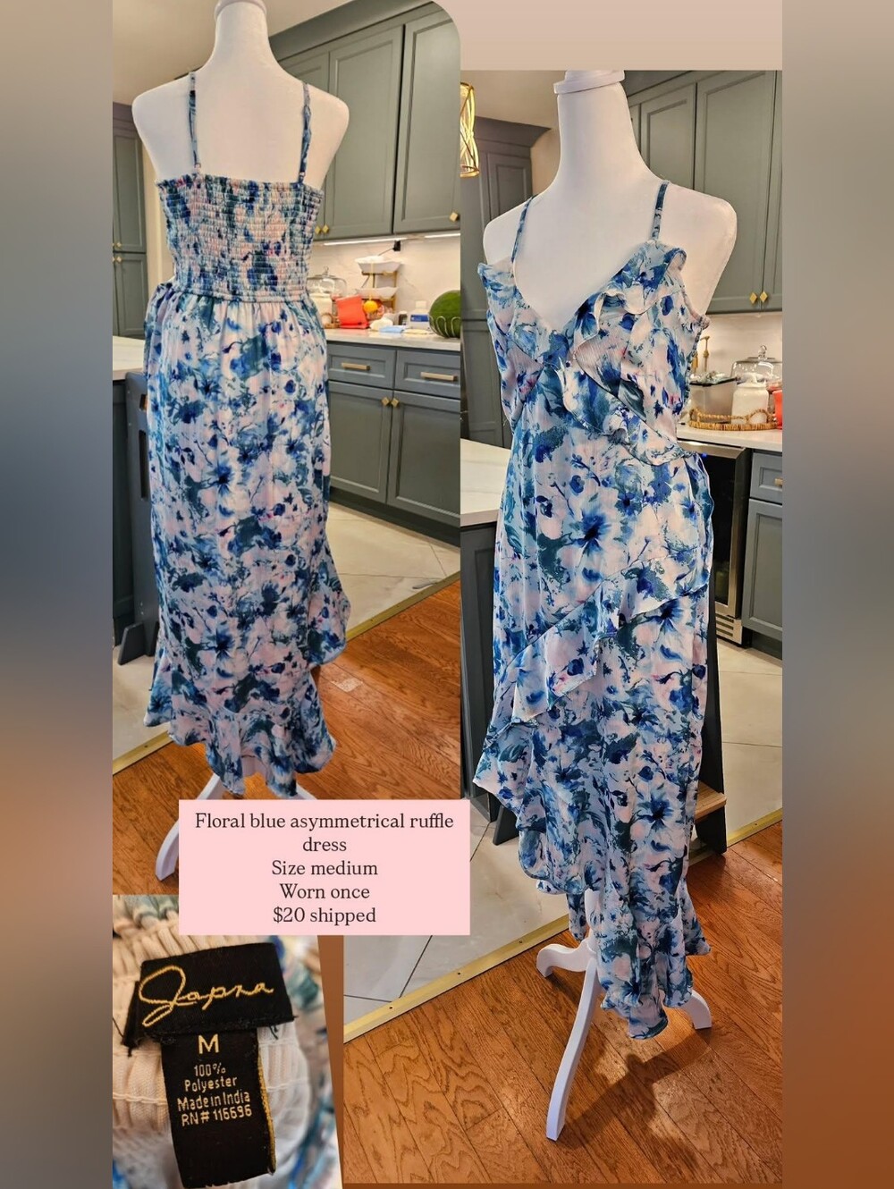 Floral Blue Asymmetrical Ruffle Dress